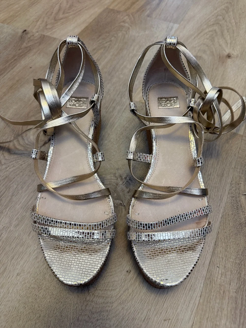 Louise et Cie Lo-Renz Metallic Gold Leather Lace-Up Wedge Sandals